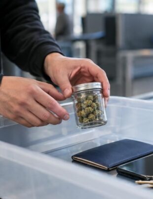 Traveler placing cannabis jar into airport security bin during morning screening