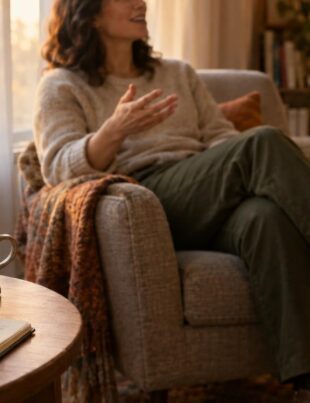 Cozy therapy room with warm light and a person sharing a lighthearted moment