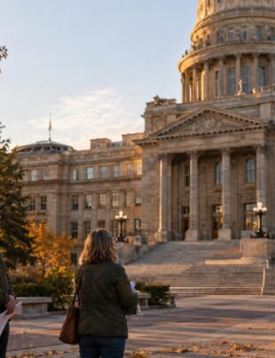 Idaho State Capitol building with people holding petitions outdoors at golden hour