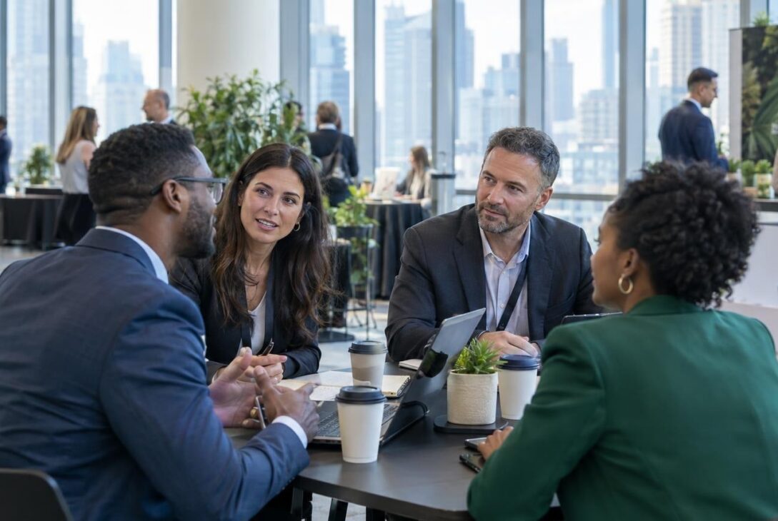 Professionals discussing deals at a cannabis investment conference in Chicago