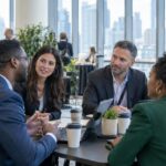 Professionals discussing deals at a cannabis investment conference in Chicago