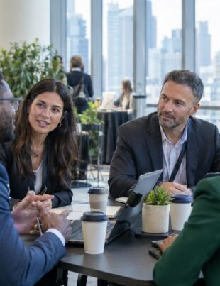 Professionals discussing deals at a cannabis investment conference in Chicago