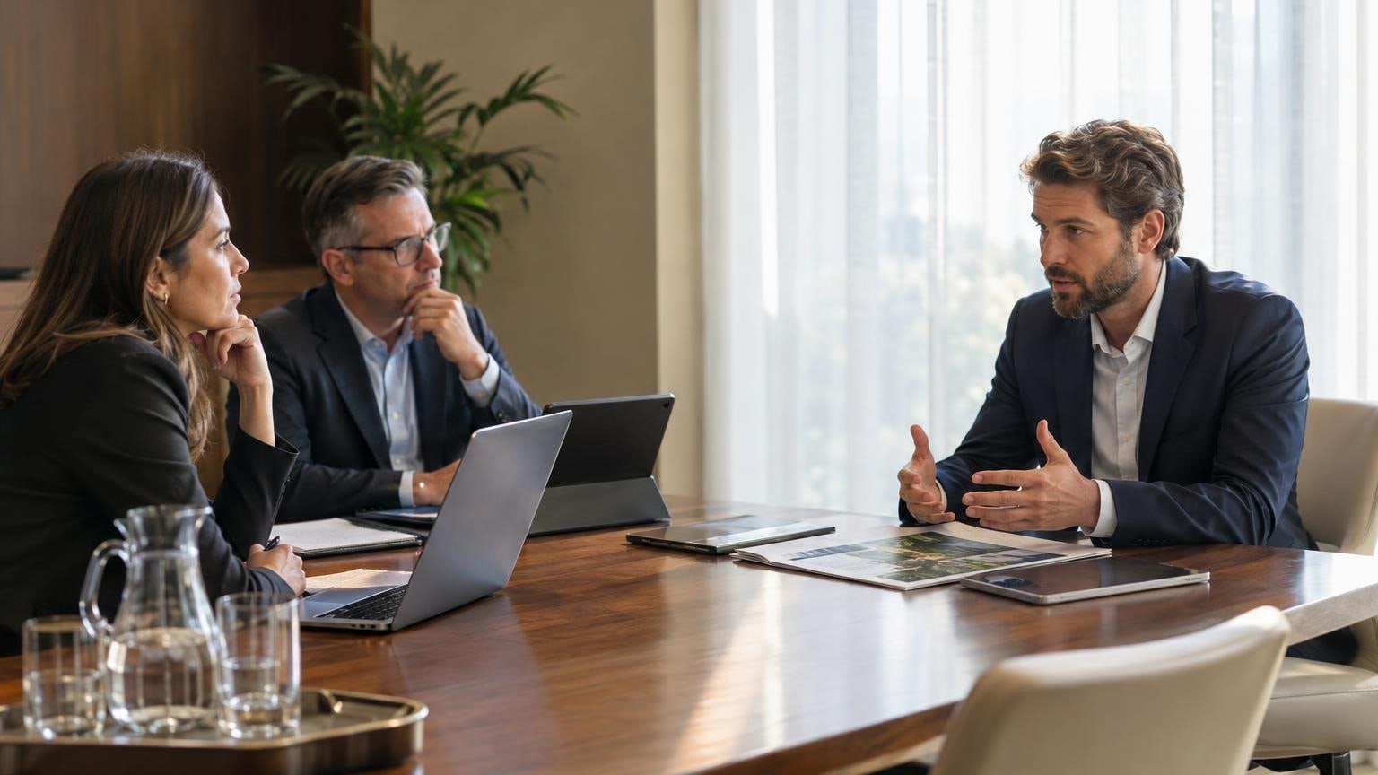 Professionals in a private deal room pitching cannabis investments at a conference