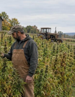 Farmer examining industrial hemp plants on a rural farm during harvest season