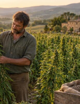 Italian hemp farm with farmer inspecting hemp plants for fiber and seeds