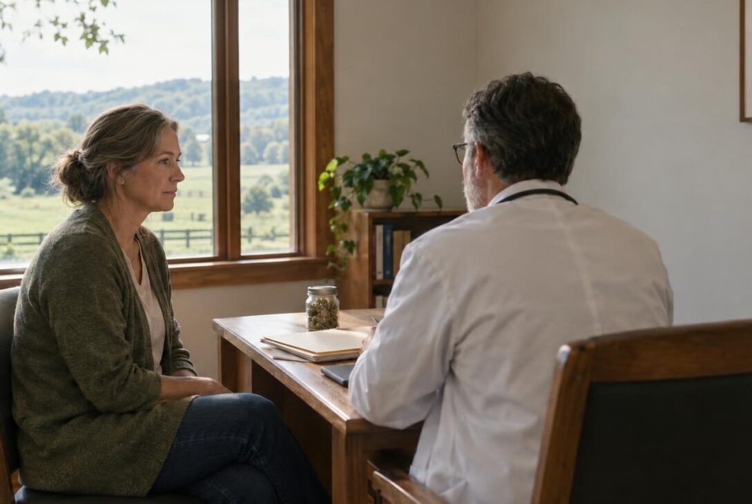 Patient consulting doctor in Kentucky clinic about medical cannabis conditions