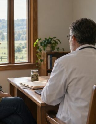 Patient consulting doctor in Kentucky clinic about medical cannabis conditions