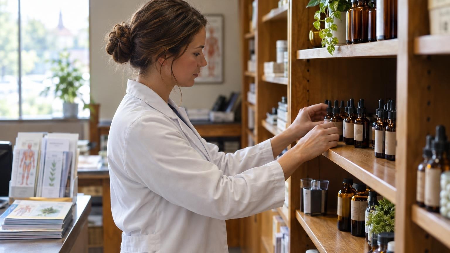 Pharmacist arranging medical cannabis products on shelves in Kentucky pharmacy