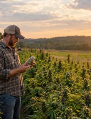 Hemp farm at harvest with farmer holding jar of hemp flower