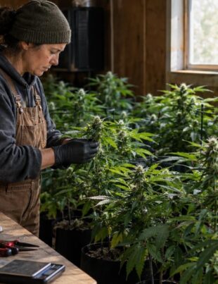 Legacy cannabis operator inspecting craft cannabis plants in indoor grow room