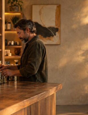 Interior of a small cannabis lounge with artisanal flower jars and a man arranging them