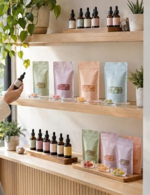 Retail display of low-dose cannabis products with a customer browsing