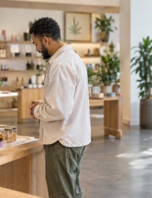 Modern cannabis retail store interior with low-dose products and staff assisting customer