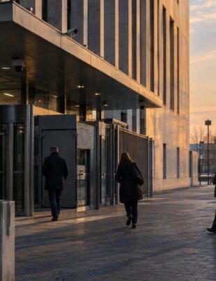 Exterior of a Dutch courthouse at dusk with people walking nearby