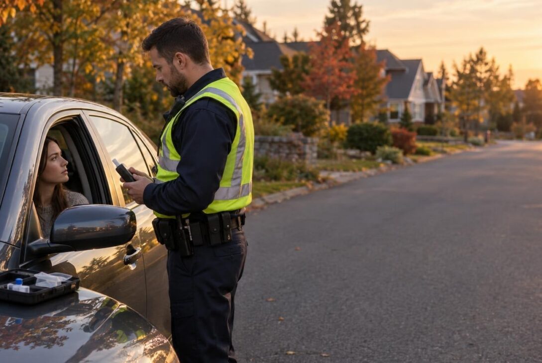 Police officer administering roadside marijuana impairment test to driver