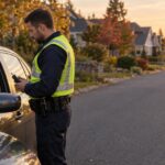 Police officer administering roadside marijuana impairment test to driver