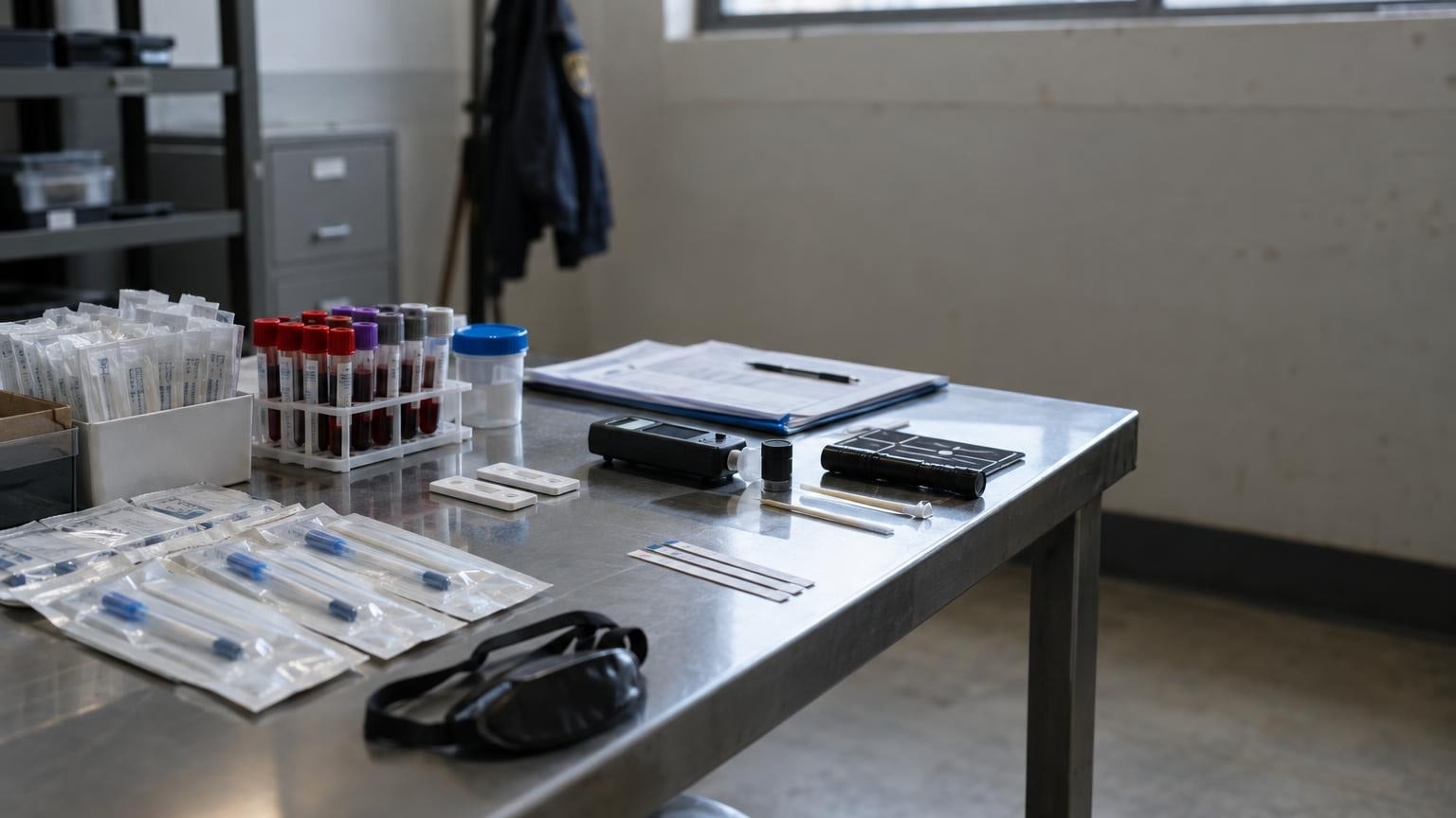 Police evidence room with marijuana DUI impairment testing kits on table