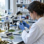 Scientist examining cannabis medicine samples in a modern research laboratory