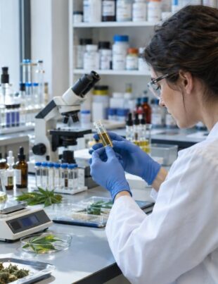 Scientist examining cannabis medicine samples in a modern research laboratory