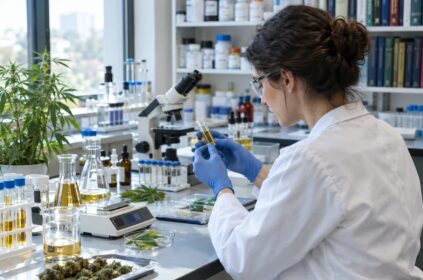 Scientist examining cannabis medicine samples in a modern research laboratory