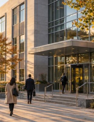 Massachusetts Cannabis Control Commission office building exterior at golden hour