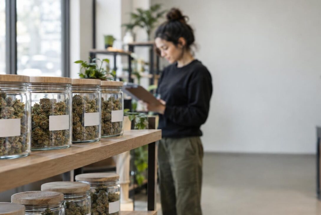 Massachusetts cannabis dispensary shelf with flower jars and staff inspecting products
