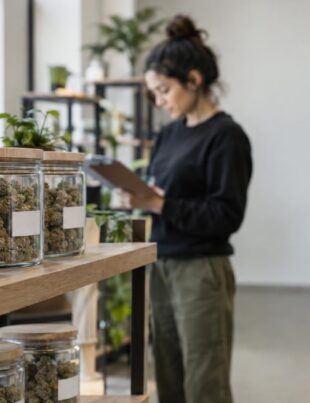 Massachusetts cannabis dispensary shelf with flower jars and staff inspecting products