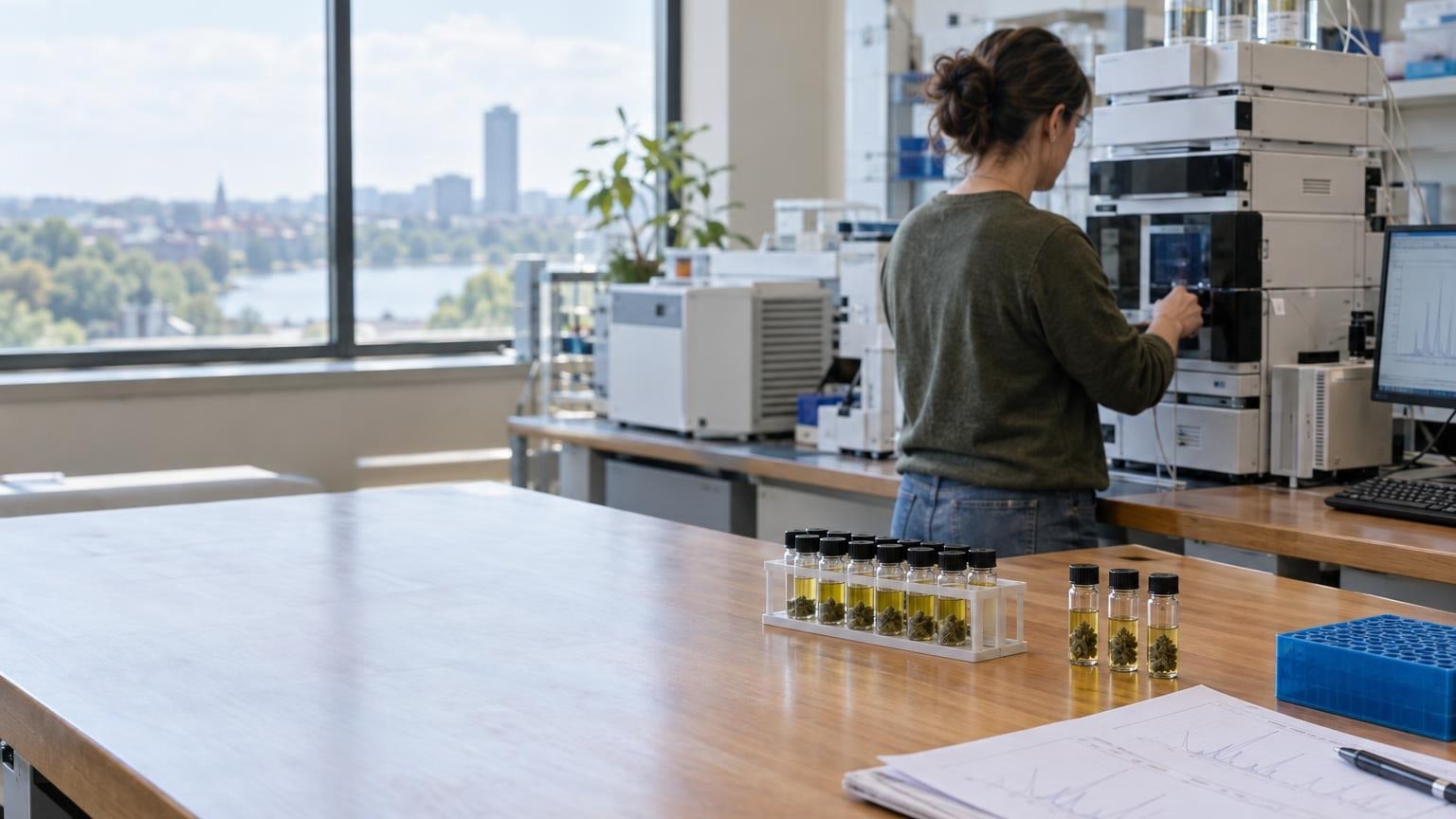 Massachusetts cannabis lab technician testing THC potency with chromatography equipment