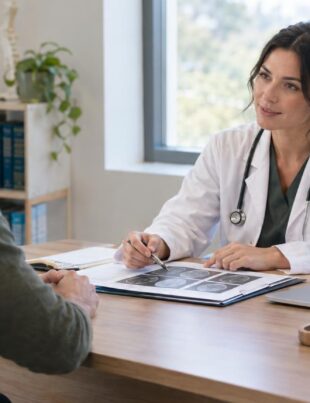 Doctor consulting patient with medical cannabis products on desk in clinic