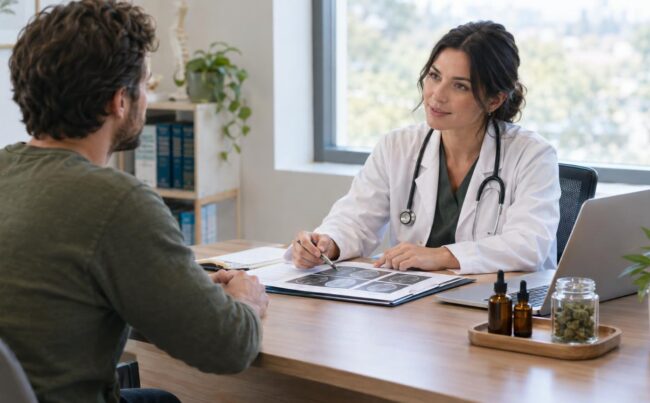 Doctor consulting patient with medical cannabis products on desk in clinic