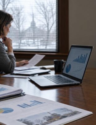Michigan state office desk with budget reports and person reviewing documents