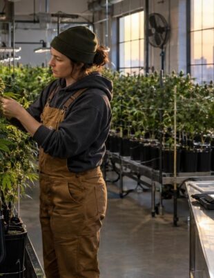 Cannabis cultivator inspecting plants inside a Minnesota indoor grow facility