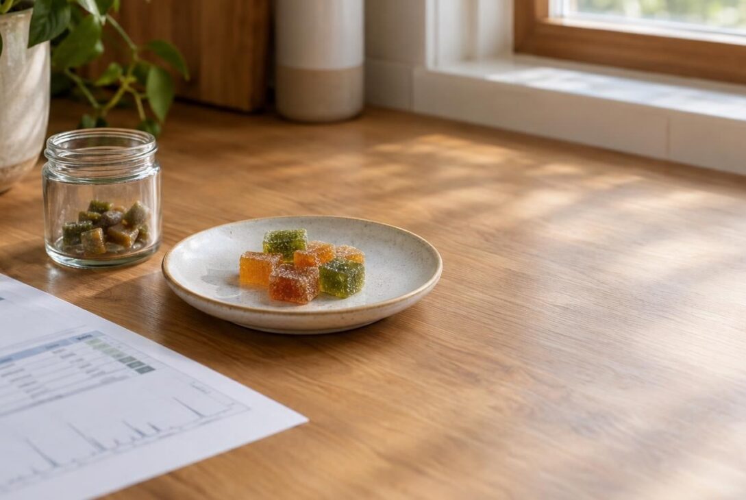 Close-up of a kitchen counter with hemp edible gummies and a glass jar