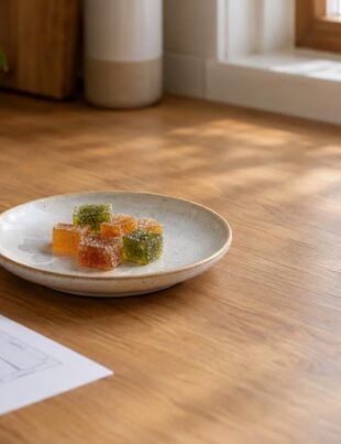 Close-up of a kitchen counter with hemp edible gummies and a glass jar