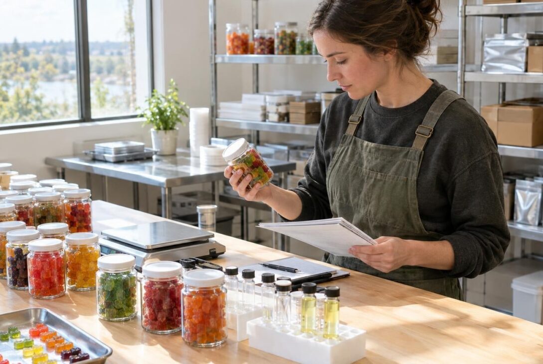 Hemp edible gummies and testing equipment in a Minnesota production facility