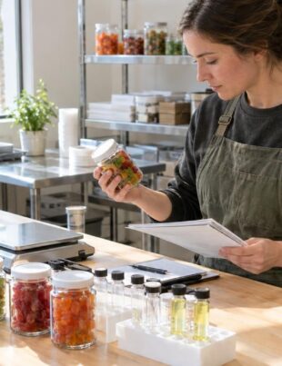 Hemp edible gummies and testing equipment in a Minnesota production facility