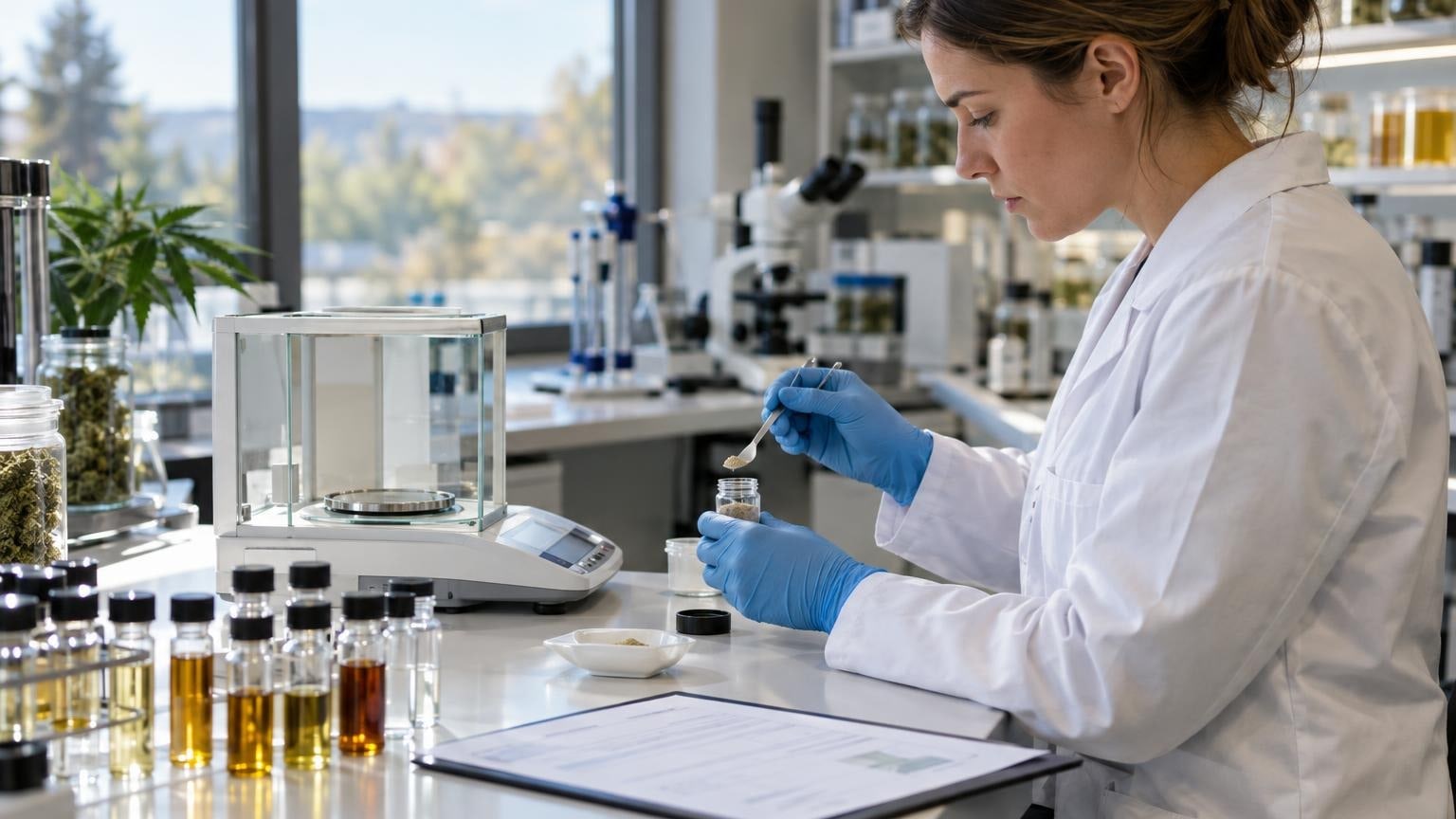 Lab technician measuring hemp edible sample at a Minnesota hemp testing laboratory