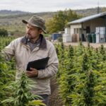 Hemp farm in Moldova with farmer inspecting crops near processing facility