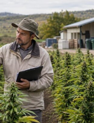 Hemp farm in Moldova with farmer inspecting crops near processing facility