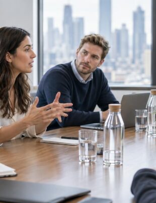 Business professionals in a conference room discussing cannabis industry leadership