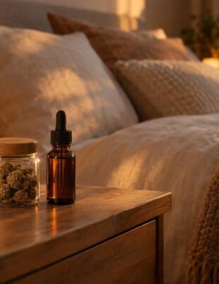 Evening bedroom scene with cannabis jar and CBD oil on nightstand
