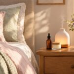 Sunlit bedroom nightstand with CBD tincture and skincare products for Mother’s Day