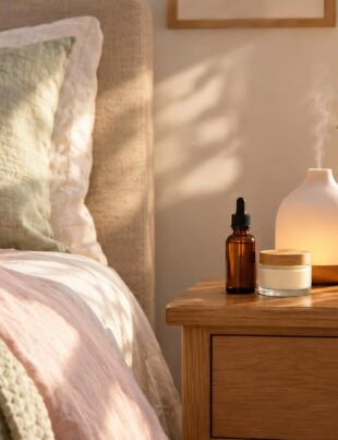 Sunlit bedroom nightstand with CBD tincture and skincare products for Mother’s Day