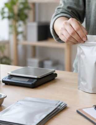 Hands sealing unbranded Mylar bags for cannabis packaging on a light wood table