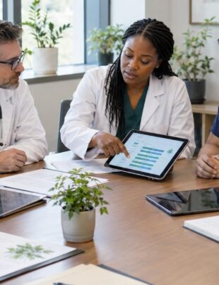 Medical professionals collaborating in an office discussing cannabis dosing guidelines