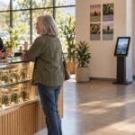 Older customer consulting specialist at modern cannabis dispensary with flower display