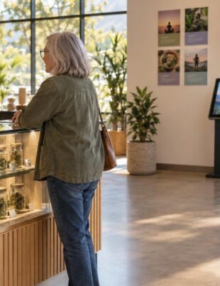 Older customer consulting specialist at modern cannabis dispensary with flower display