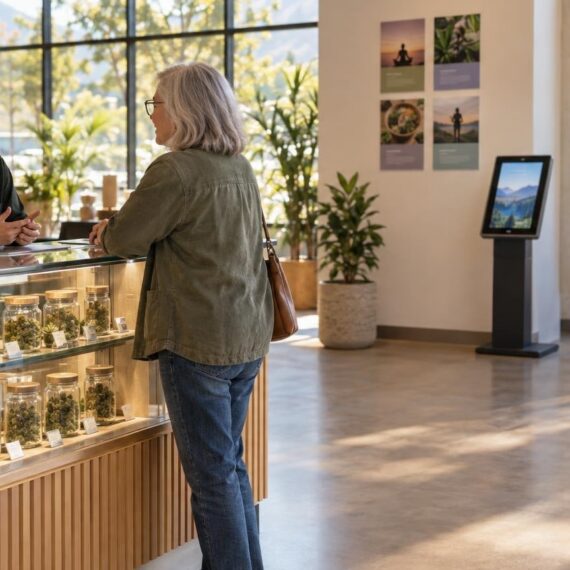 Older customer consulting specialist at modern cannabis dispensary with flower display