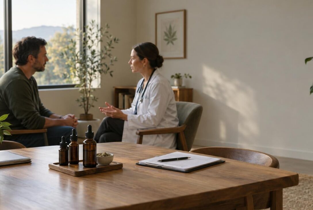 Medical cannabis consultation in a bright dispensary room with tincture bottles visible