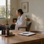 Medical cannabis consultation in a bright dispensary room with tincture bottles visible